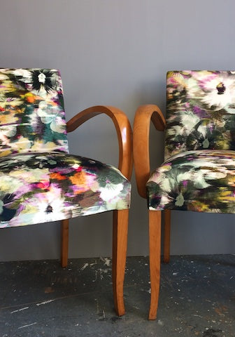 French Vintage Bridge Chairs covered in Romo Black Edition Kansai Velvet Zinnia Fabric